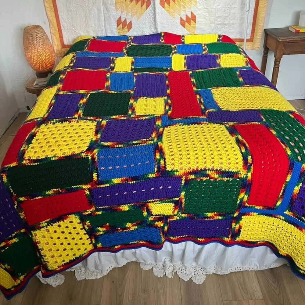 Handmade Crochet Color Block Squares Bedspread Colorful Queen Full 84x94 in